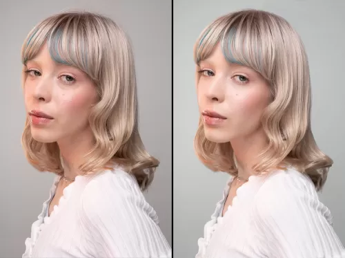 Портретная съемка девушки с осветленными волосами и голубой челкой для бьюти-каталога